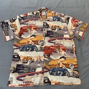 High‎ Seas Trading Co Shirt Mens Large Hot Rod Cars Pinup Diner 100% Cotton USA